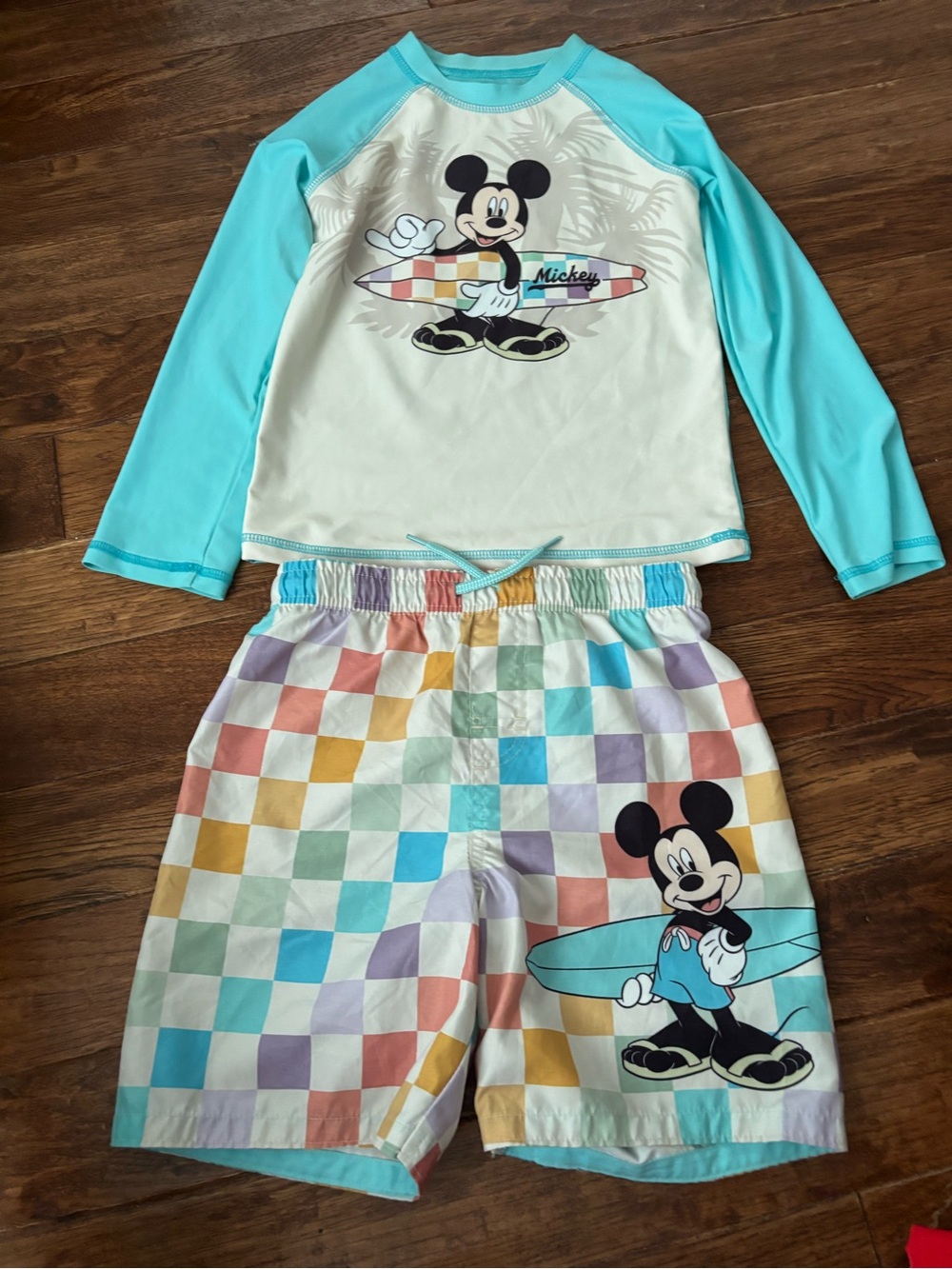 Mickey Mouse Boys 6/7 Swimsuit Rash Guard Shorts Set Check Teal Long Sleeve